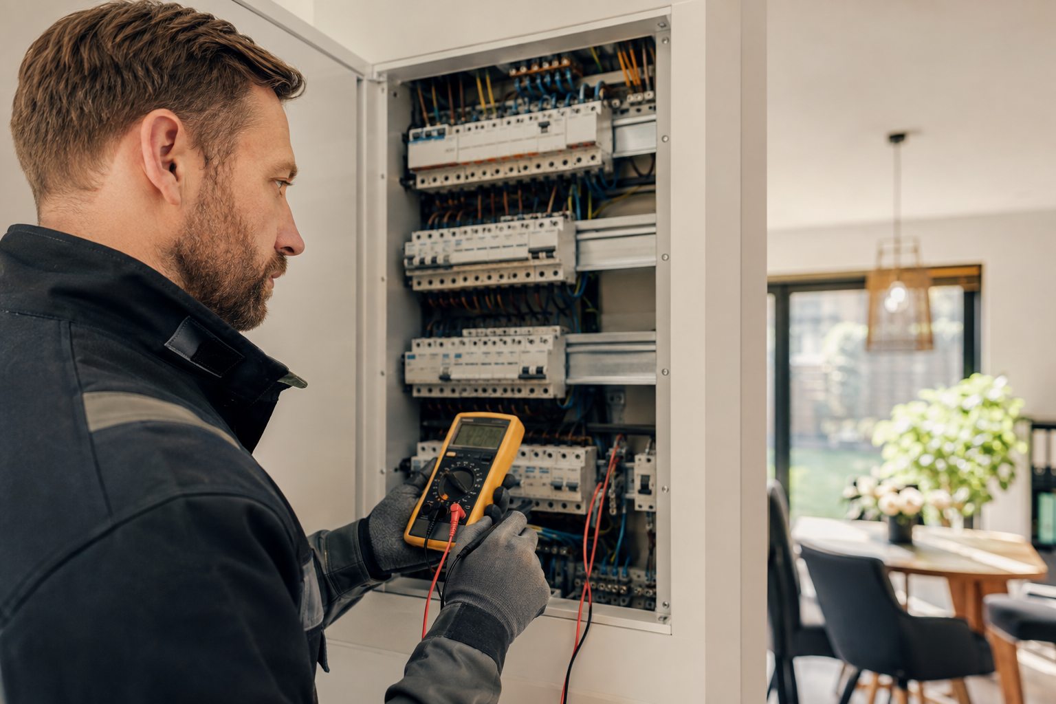 Elektricien spoort een elektrische storing op met meetapparatuur